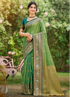 Silk Blend Trendy Saree with Woven Work for Women in Green