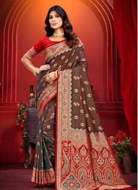 Silk Blend Trendy Saree with Woven Work in Brown and Red