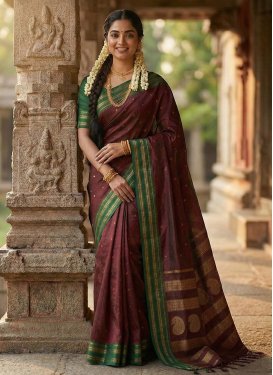 Silk Blend Trendy Saree with Woven Work in Green and Maroon