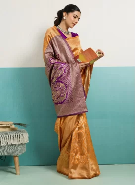 Silk Blend Trendy Saree with Woven Work in Mustard and Purple