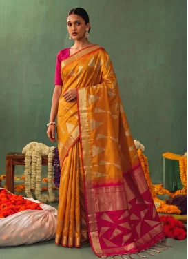 Silk Blend Trendy Saree with Woven Work in Orange and Rose Pink