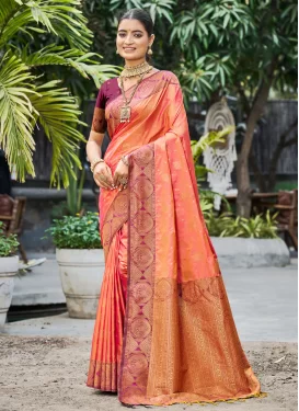 Silk Blend Trendy Saree with Woven Work in Salmon for Festival