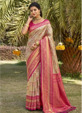 Silk Blend Woven Work Beige and Rose Pink Designer Contemporary Style Saree