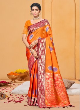 Silk Blend Woven Work Classic Saree in Orange