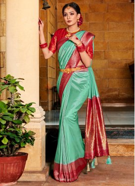 Silk Blend Woven Work Red and Turquoise Designer Contemporary Style Saree