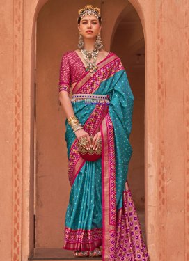 Silk Blend Woven Work Rose Pink and Teal Designer Contemporary Saree
