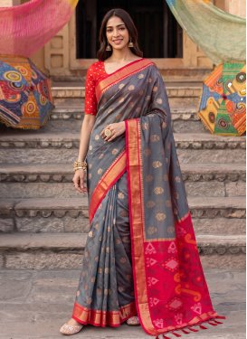 Silk Blend Woven Work Traditional Saree in Grey and Red