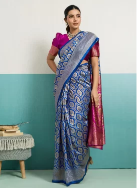 Silk Blend Woven Work Trendy Saree in Blue and Magenta