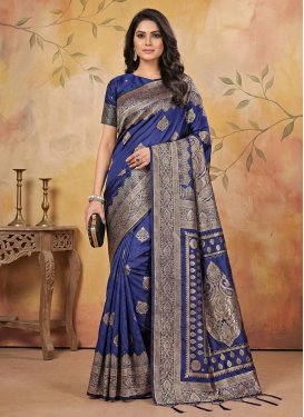 Silk Blend Woven Work Trendy Saree in Navy Blue