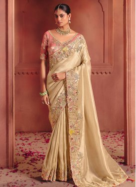 Silk Classic Saree in Beige with Embroidered Work for Bridal
