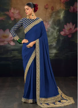 Silk Classic Saree in Blue with Embroidered Work for Women