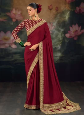 Silk Classic Saree in Maroon with Embroidered Work for Ceremonial