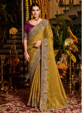 Silk Classic Saree with Embroidered Work for Bridal in Mustard