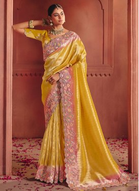 Silk Classic Saree with Embroidered Work for Ceremonial in Mustard and Pink