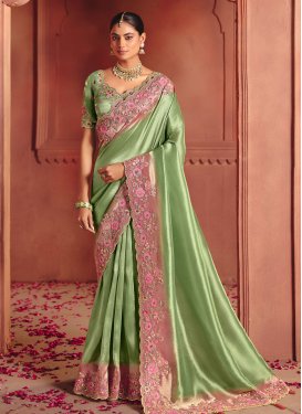 Silk Classic Saree with Embroidered Work in Pink and Sea Green