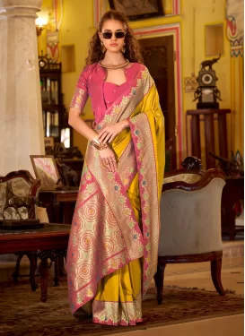 Silk Classic Saree with Woven Work in Mustard and Salmon