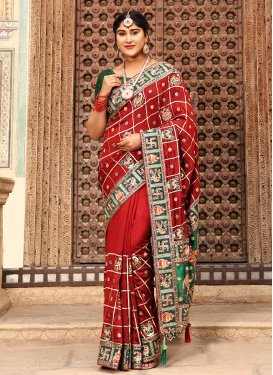 Silk Embroidered Work Green and Red Designer Contemporary Style Saree