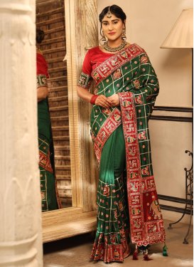 Silk Embroidered Work Green and Red Trendy Classic Saree