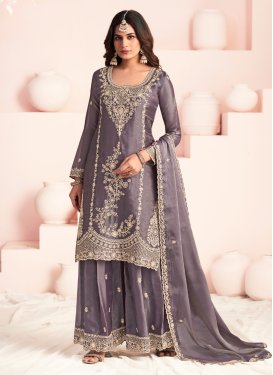 Silk Embroidered Work Palazzo Suit in Violet
