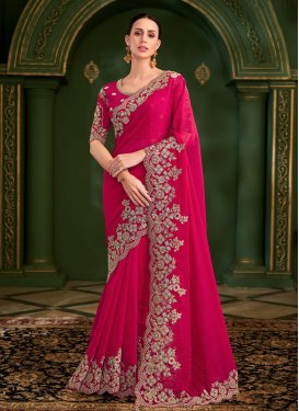 Silk Georgette Embroidered Work Classic Saree in Rose Pink