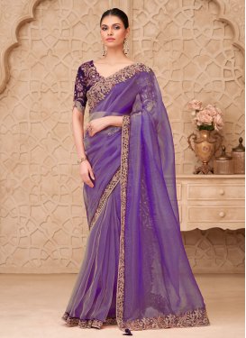 Silk Georgette Embroidered Work Traditional Saree in Violet