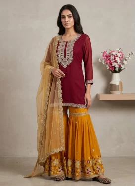 Silk Georgette Sharara Suit in Maroon and Orange with Embroidered Work for Women
