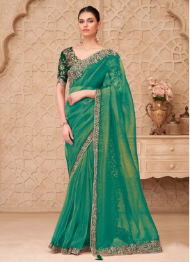 Silk Georgette Traditional Saree with Embroidered Work for Ceremonial in Green