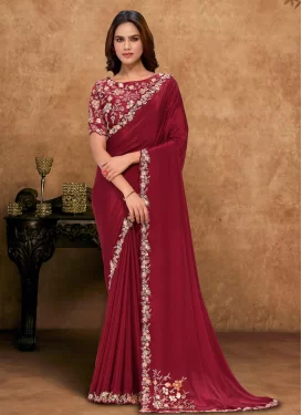 Silk Georgette Traditional Saree with Embroidered Work in Red