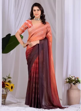 Silk Georgette Traditional Saree with Woven Work in Orange and Wine for Casual