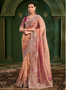 Silk Georgette Trendy Saree with Embroidered Work for Bridal in Peach