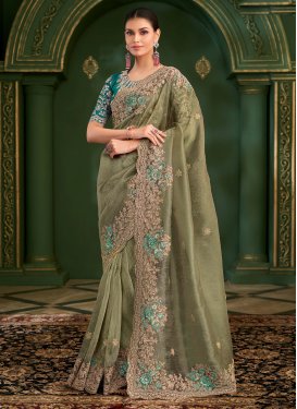 Silk Georgette Trendy Saree with Embroidered Work in Olive for Bridal