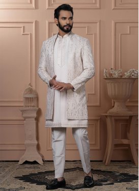 Silk Indo Western in Off White with Embroidered Work for Men