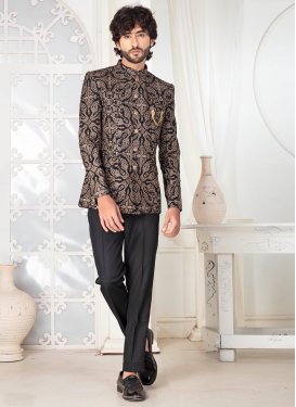 Silk Jodhpuri Suit in Black with Embroidered Work for Men