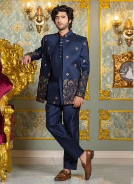 Silk Jodhpuri Suit in Navy Blue with Embroidered Work for Men