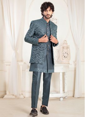 Silk Jodhpuri Suit in Teal with Embroidered Work for Festival