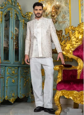 Silk Jodhpuri Suit in White with Embroidered Work for Men