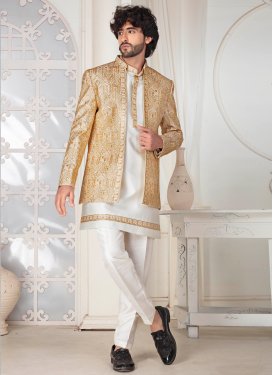 Silk Jodhpuri Suit with Embroidered Work for Men in Beige and White