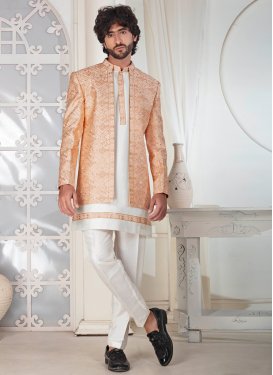 Silk Jodhpuri Suit with Embroidered Work for Men in Peach and White