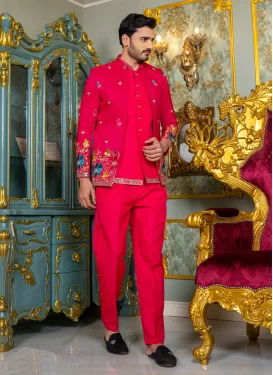Silk Jodhpuri Suit with Embroidered Work for Men in Red