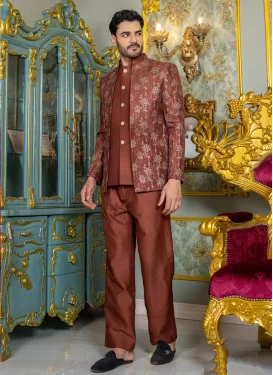 Silk Jodhpuri Suit with Embroidered Work in Rust for Festival