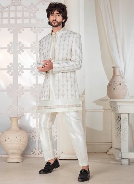 Silk Jodhpuri Suit with Embroidered Work in White