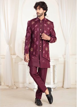 Silk Jodhpuri Suit with Resham Work in Crimson for Party
