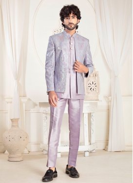 Silk Jodhpuri Suit with Resham Work in Lavender for Festival