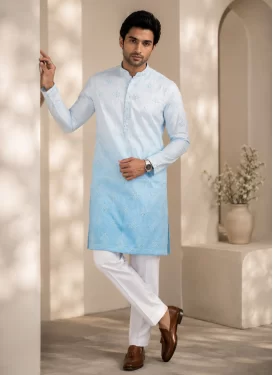 Silk Kurta Pajama in Light Blue and Off White with Embroidered Work for Men