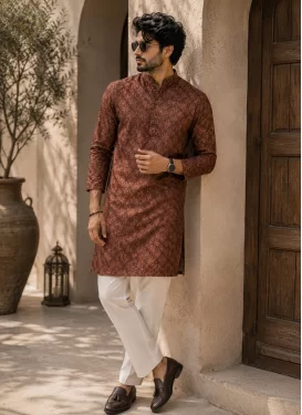 Silk Kurta Pajama with Embroidered Work for Party in Rust and White
