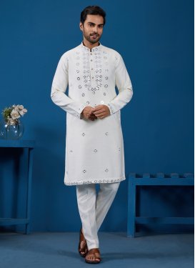 Silk Kurta Pajama with Embroidered Work in White