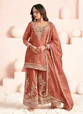 Silk Palazzo Suit with Embroidered Work for Women in Orange
