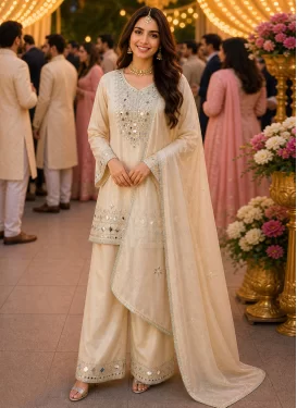 Silk Palazzo Suit with Embroidered Work in Cream