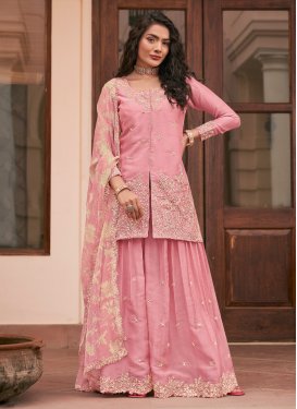 Silk Palazzo Suit with Embroidered Work in Pink