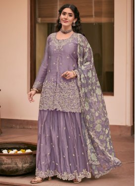 Silk Palazzo Suit with Embroidered Work in Violet for Festival